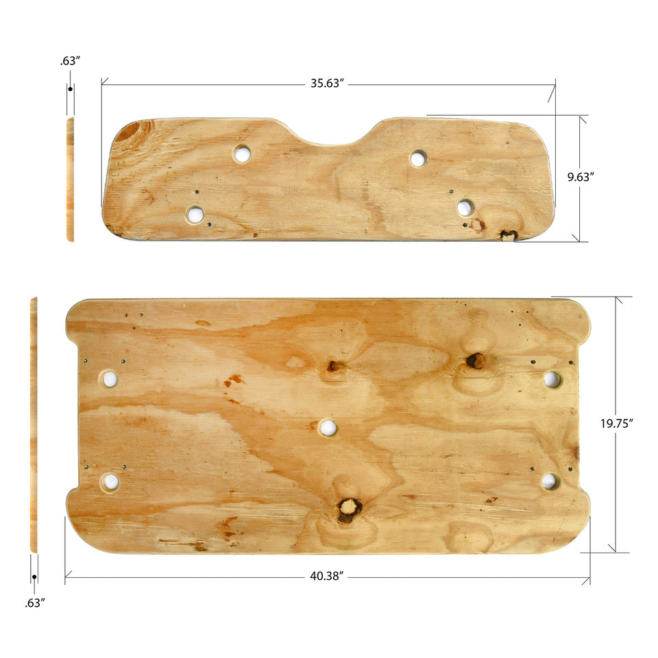 EZGO TXT 5/8 INCH PLYWOOD SEATS 2 PIECE WITH PREDRILLED HOLES AND THREADED PRESS INSERTS FOR DURABILITY IT WILL ALSO COME WITH 12 T-NUTS, 12 BOLTS AND 12 WASHERS. HINGES NOT INCLUDED.