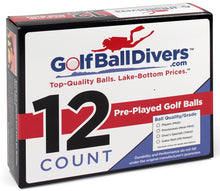 Box of Golf Ball Divers pre-played golf balls with branding and product details.