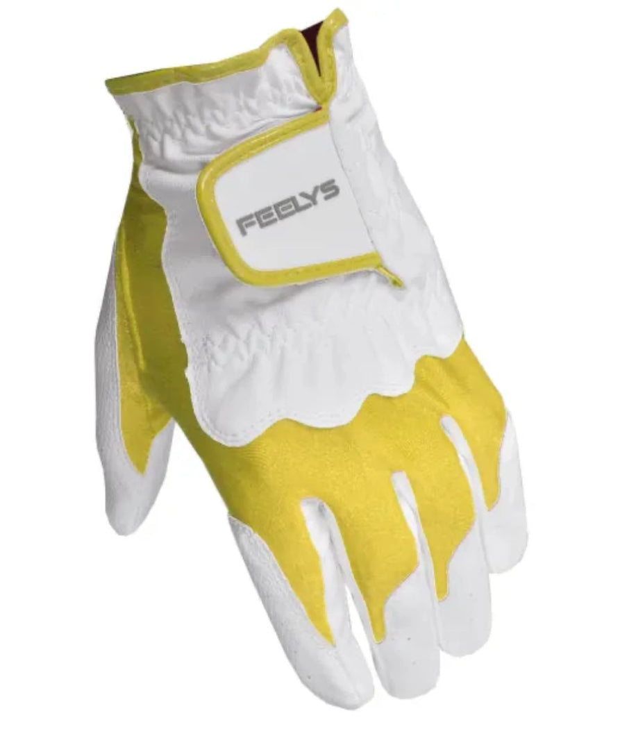 White and yellow glove with 'Feelys' branding on a white background 