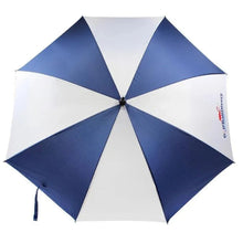 Blue and white umbrella with a brand logo on a white background