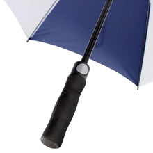 Close-up of a blue and white umbrella with a black handle on a white background