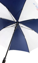 Blue and white umbrella with visible brand logo on a white background
