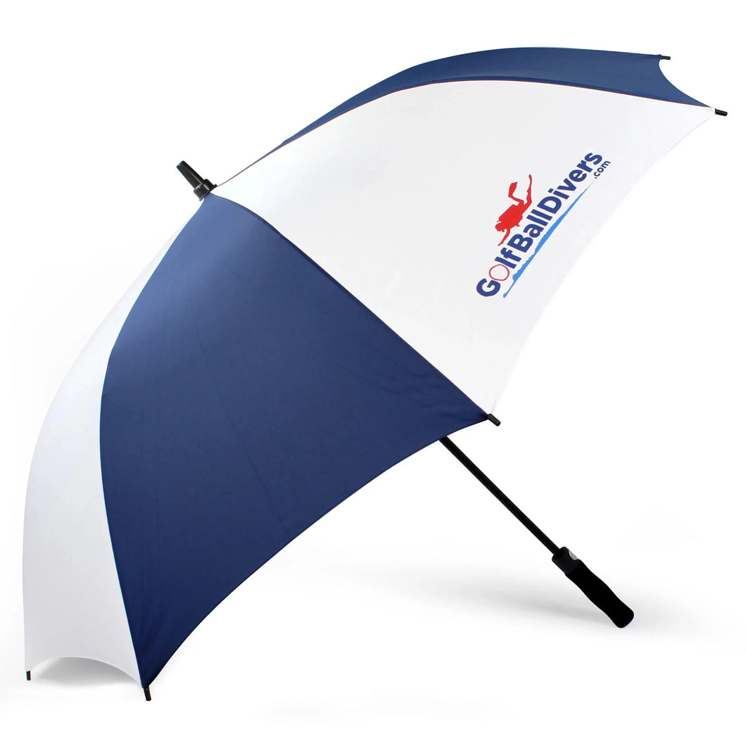 White and blue umbrella with 'GolfBallDivers' logo on a white background