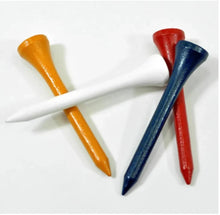 Four colorful golf tees (orange, white, blue, red) on a white background