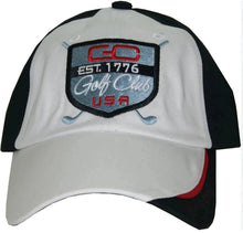 White and black cap with a golf club logo on a white background EST. 1776 GOLF CLUB USA