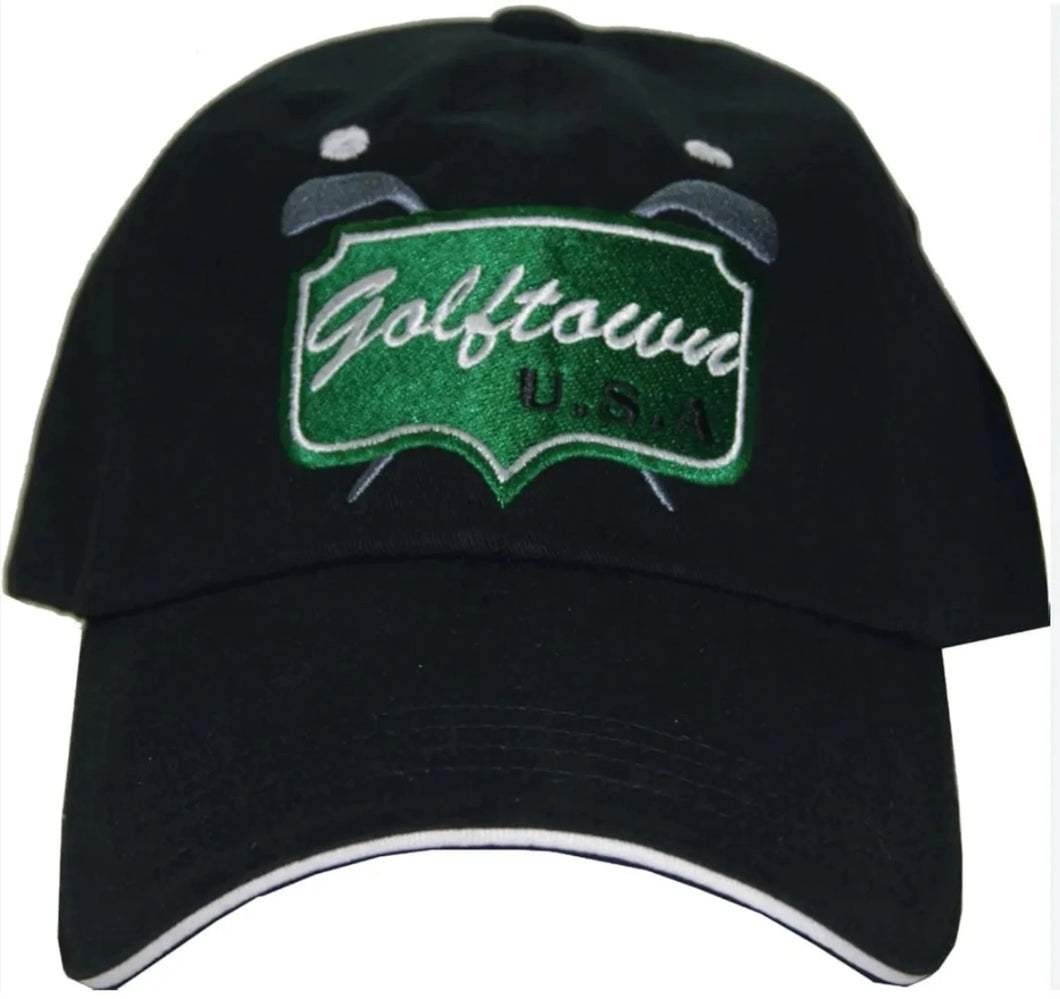 Black cap with 'Golf Town U.S.A' logo on a white background 