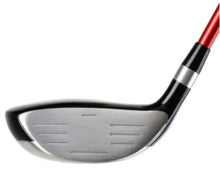 Golf club head with a red and black design on a white background KNIGHTS GOLF 3 WOOD SIDE VIEW