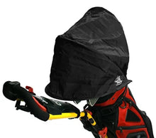 Black golf bag cover on a red and black  and red golf bag against a white background