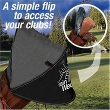 Golf bag with a flip cover on a golf course, featuring the brand 'Rain Wear'.