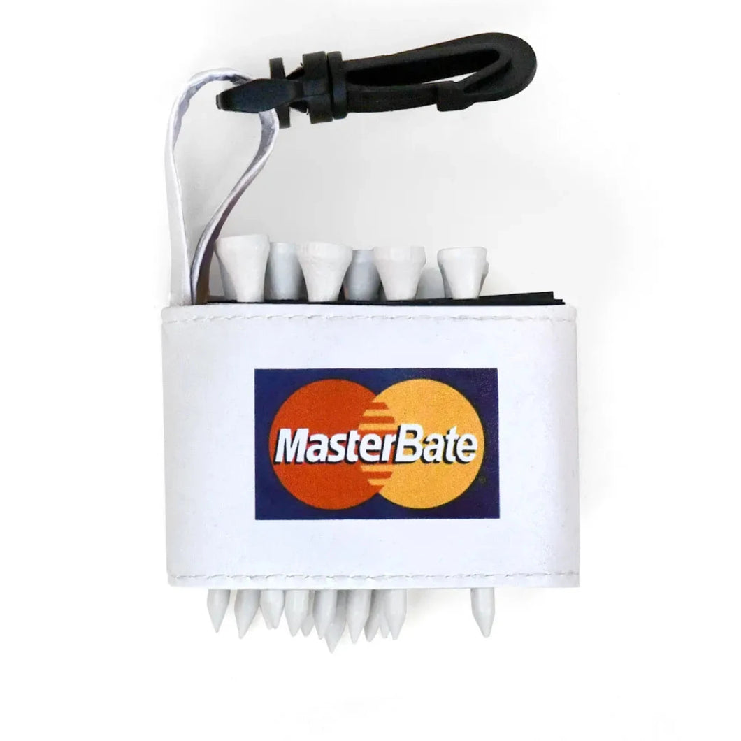 Golf tee holder with 'MASTERBATE' text on a white background 