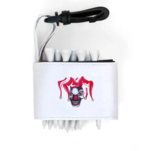 Golf tee holder with 'SKULL JESTER CLOWN' text on a white background