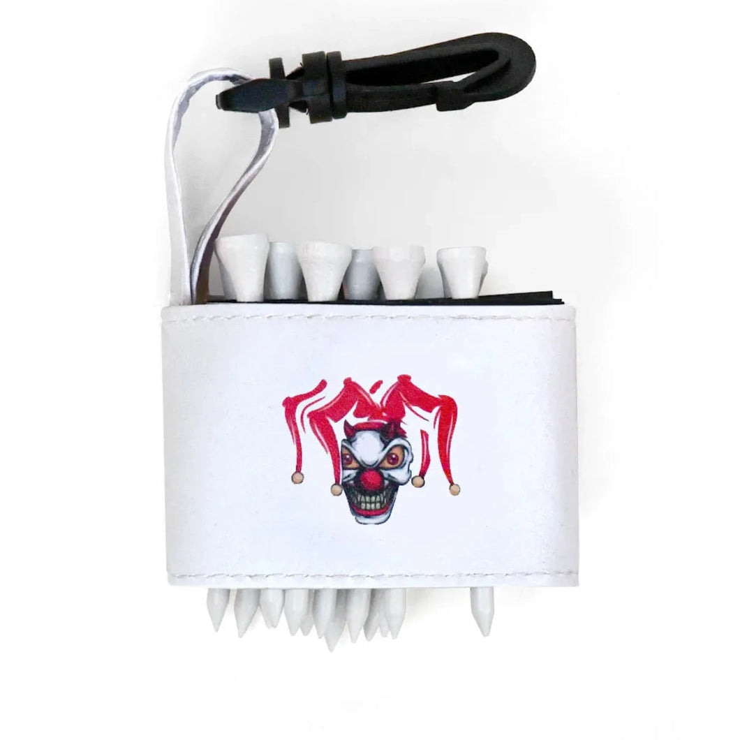 Golf tee holder with 'SKULL JESTER CLOWN' text on a white background 