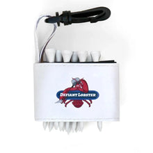 Golf tee holder with 'DEFIANT LOBSTER' text on a white background