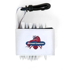 Golf tee holder with 'DEFIANT LOBSTER' text on a white background