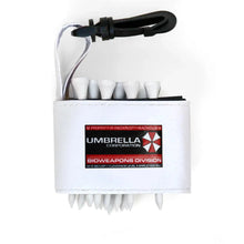 Golf tee holder with 'BIO WEAPONS DIVISION' text on a white background