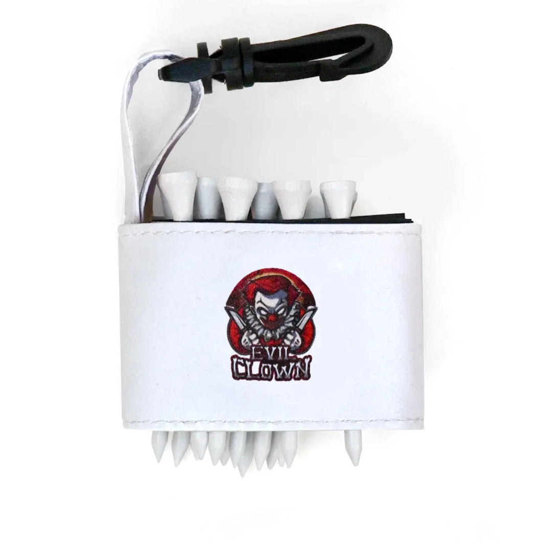 Golf tee holder with 'EVIL CLOWN' text on a white background 