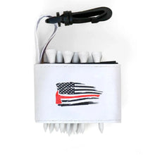 Golf tee holder with 'AMERICAN FLAG WITH FIRE FIGHTER AXE' text on a white background