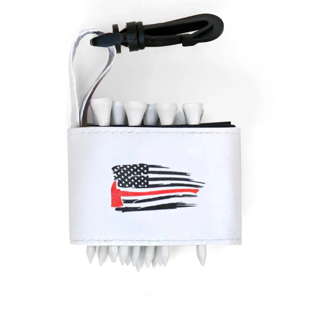 Golf tee holder with 'AMERICAN FLAG WITH FIRE FIGHTER AXE' text on a white background 