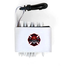 Golf tee holder with 'SKULL FIRE FIGHTER EMBLEM' text on a white background