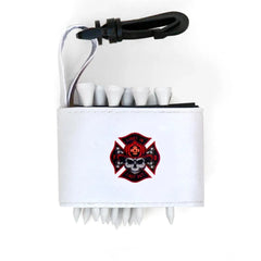 Golf tee holder with 'SKULL FIRE FIGHTER EMBLEM' text on a white background