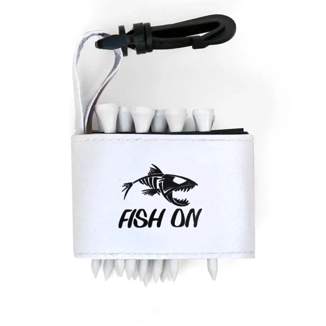 Golf tee holder with 'FISH ON WITH SKELETON FISH' text on a white background 