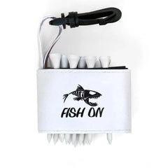 Golf tee holder with 'FISH ON WITH SKELETON FISH' text on a white background