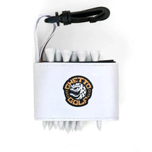 Golf tee holder with 'GHETTO GOLF' text on a white background