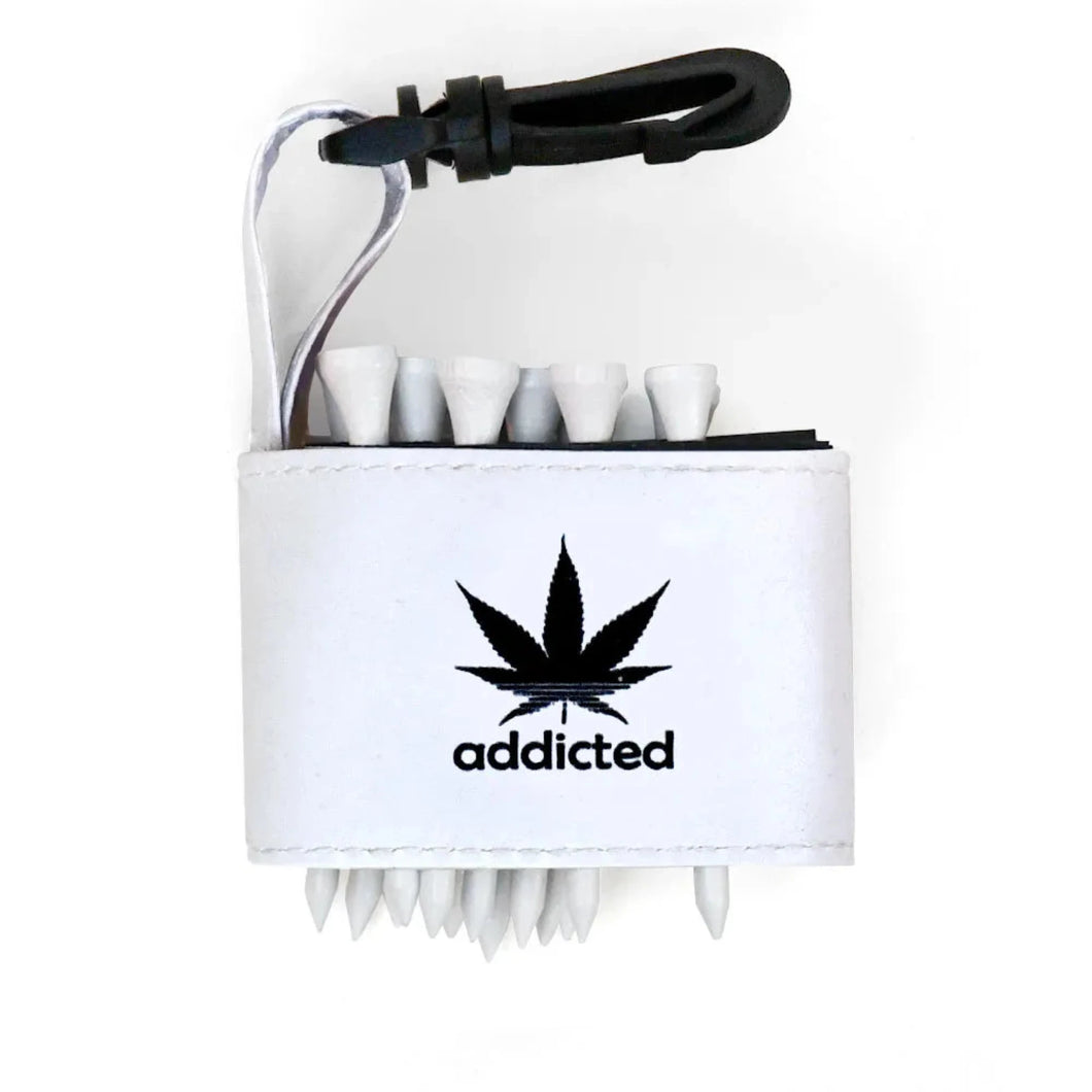 Golf tee holder with 'ADDICTED BLACK LOGO' text on a white background 