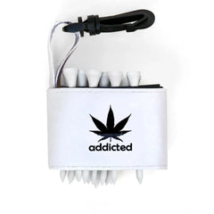 Golf tee holder with 'ADDICTED BLACK LOGO' text on a white background