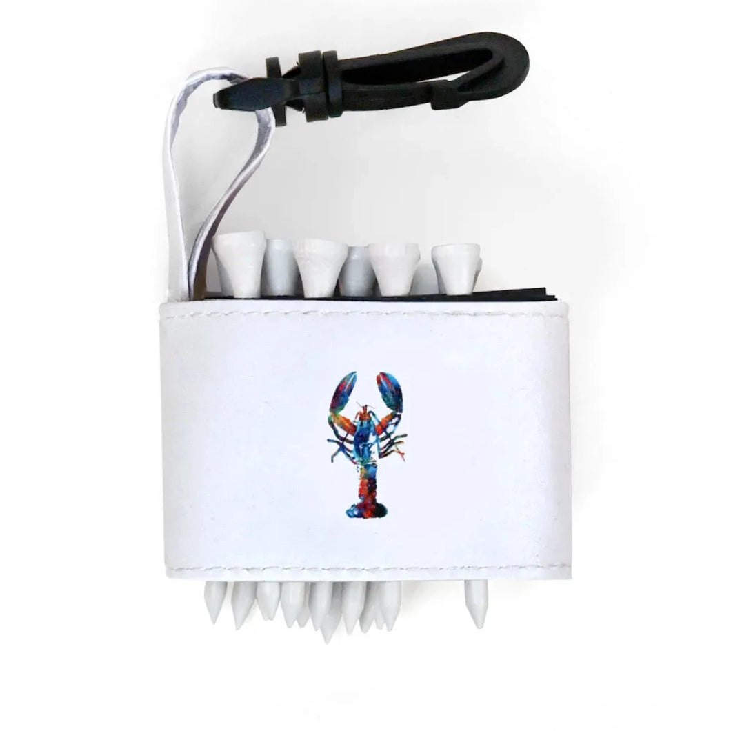 White golf tee holder with colorful lobster design and black strap on a white background 