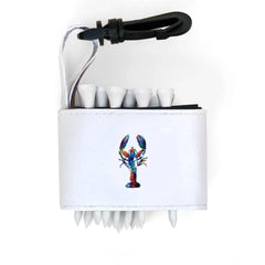 White golf tee holder with colorful lobster design and black strap on a white background