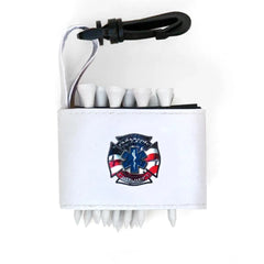 Golf tee holder with 'FIRE AND EMS BADGE' text on a white background
