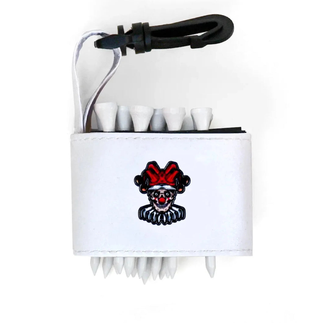 Golf tee holder with black clown design on a white background 