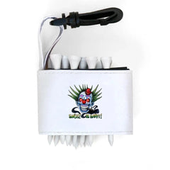 Golf tee holder with 'SCARY CLOWN SMILE BE HAPPY' text on a white background