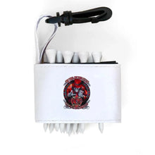 Golf tee holder with 'SKELETON FIRE FIGHTER' text on a white background