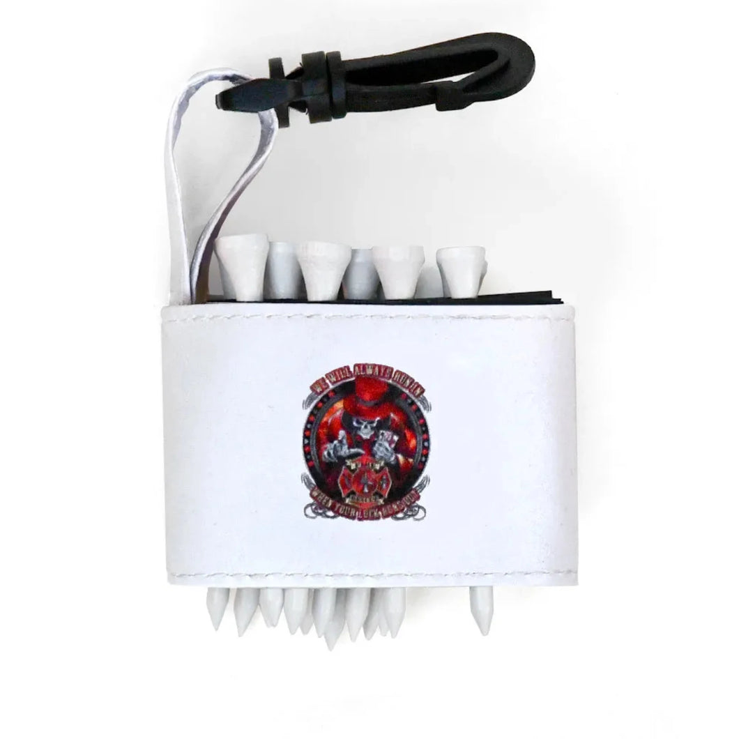 Golf tee holder with 'SKELETON FIRE FIGHTER' text on a white background 