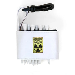 Golf tee holder with 'ZOMBIE FALLOUT SHELTER' text on a white background