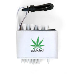 Golf tee holder with 'ADDICTED GREEN MARIJUANA LEAF' text on a white background