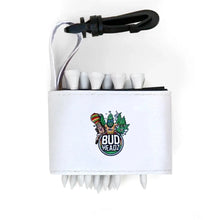 Golf tee holder with 'BUD HEADZ' text on a white background