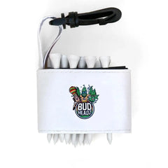 Golf tee holder with 'BUD HEADZ' text on a white background