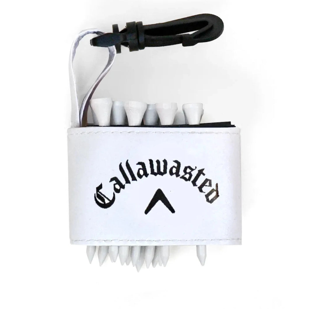Golf tee holder with 'CALLAWASTED' text on a white background