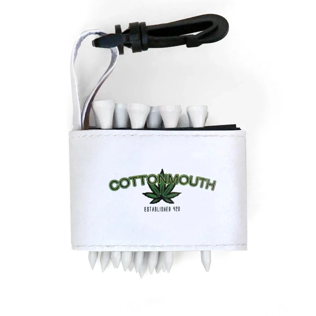 Golf tee holder with 'COTTON MOUTH' text on a white background