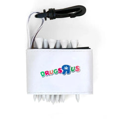 Golf tee holder with 'DRUGS ARE US' text on a white background