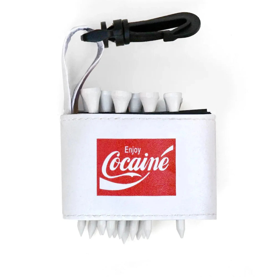 Golf tee holder with 'ENJOY COCAINE' text on a white background
