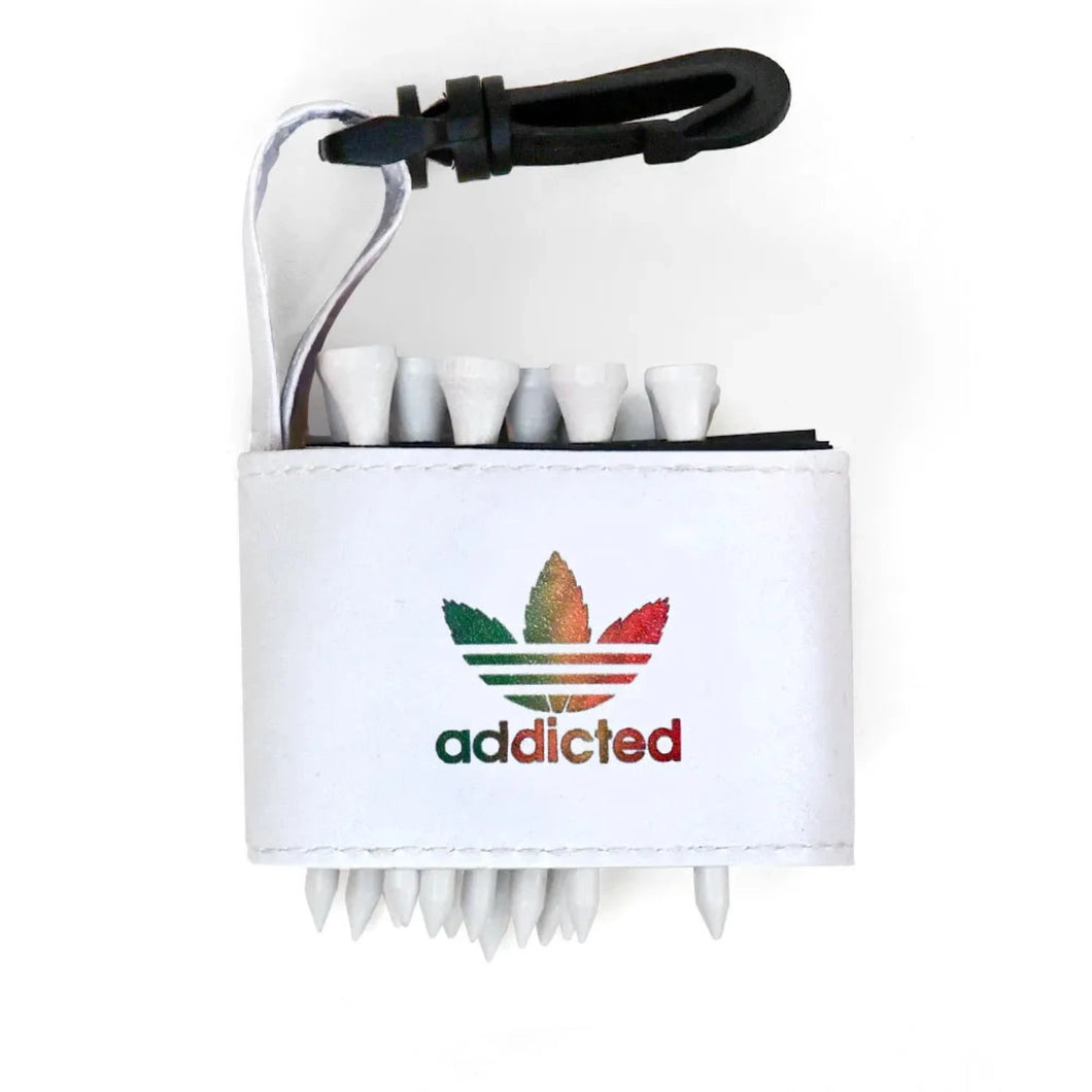 Golf tee holder with 'ADDICTED GREEN RED BACKGROUND' text on a white background 