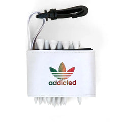 Golf tee holder with 'ADDICTED GREEN RED BACKGROUND' text on a white background