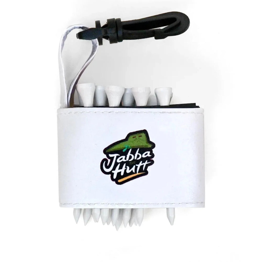 Golf tee holder with 'JABBA HUTT' text on a white background 