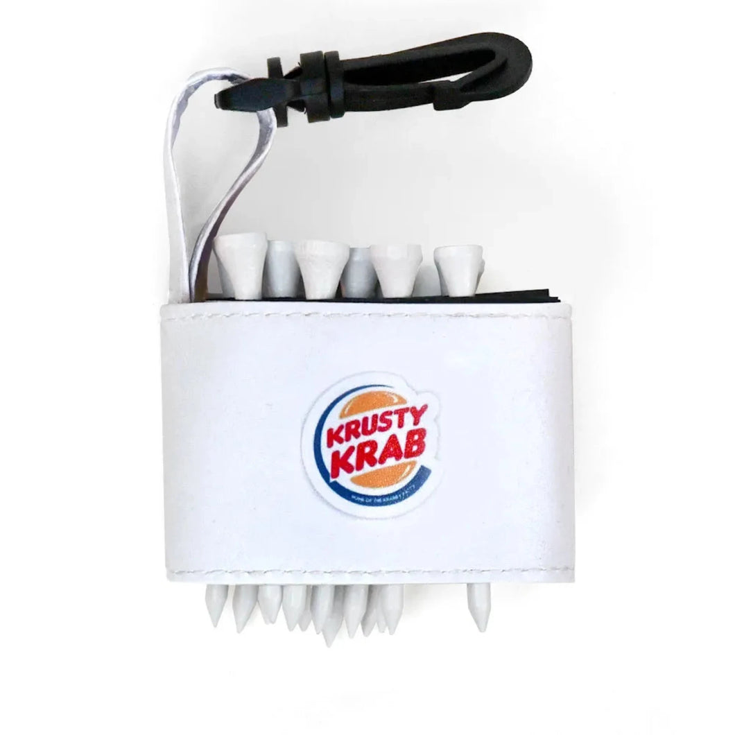 Golf tee holder with 'KRUSTY KRAB' text on a white background