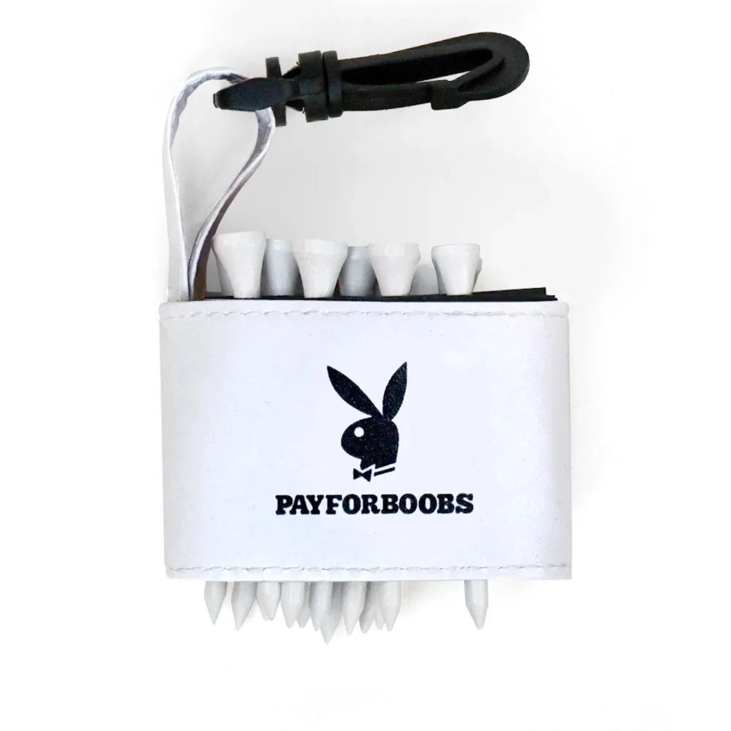 Golf tee holder with 'PAY FOR BOOBS' text on a white background 