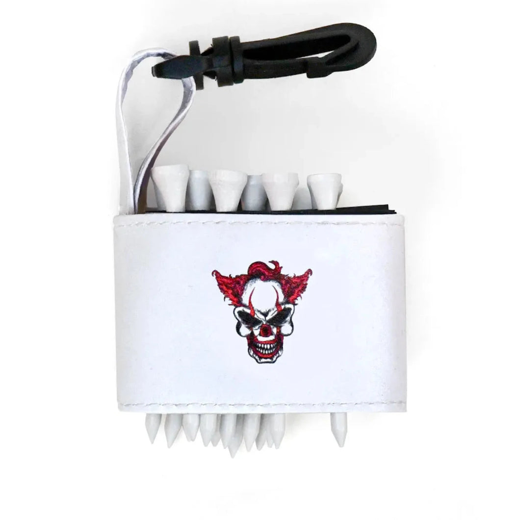 Golf tee holder with 'SCARY CLOWN RED HAIR' text on a white background 